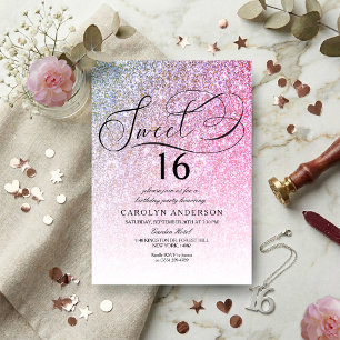 Rosa Glitzer Extravagantes Script Sweet 16 Geburts Einladung
