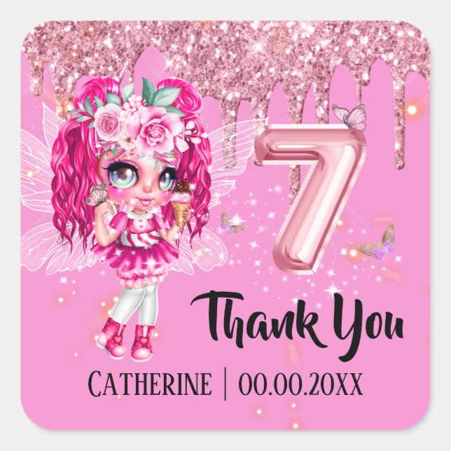 Rosa Glitzer Fee niedlichen Mädchen danke Ihnen 7. Quadratischer Aufkleber (Vorderseite)