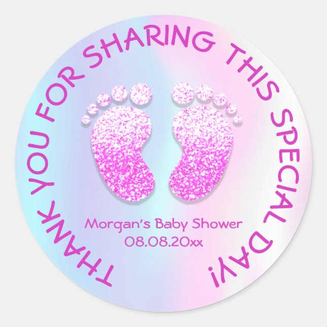 Rosa Glitzer Feet Babydusche Iridescent Vielen Dan Runder Aufkleber (Vorderseite)