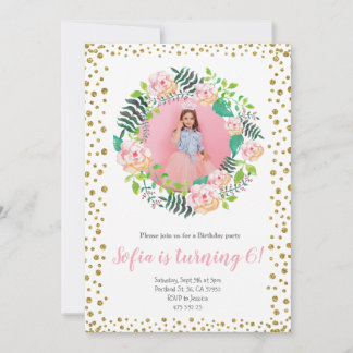 Rosa Glitzer Floral Confetti | Mädchen zum Geburts Einladung