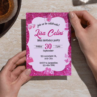 Rosa Glitzer Floral Girl Einladung zum Geburtstag