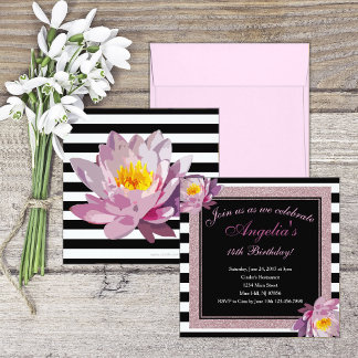 Rosa Glitzer Floral Stripe Einladung zum Geburtsta