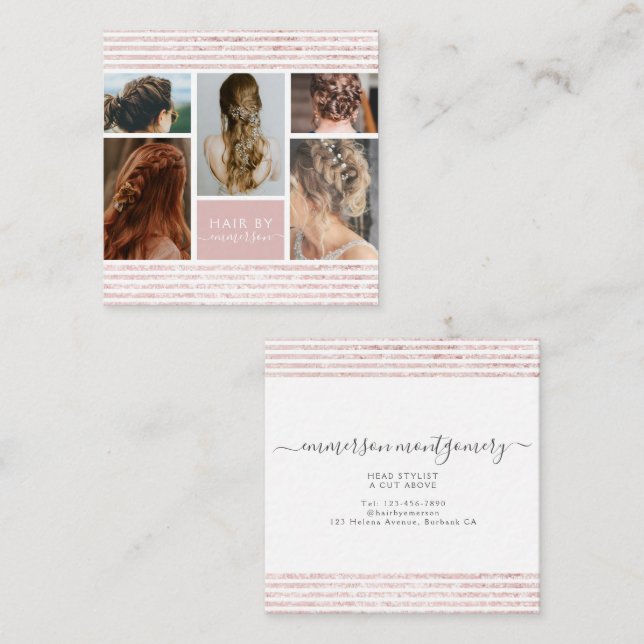 Rosa Glitzer Foto Collage Haare Stylist Quadratische Visitenkarte (Vorne/Hinten)