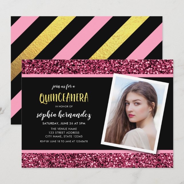 Rosa Glitzer Foto Quinceanera Einladung (Vorne/Hinten)