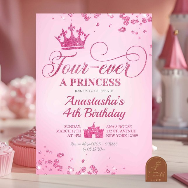 Rosa Glitzer Fourever a Princess Birthday Einladung (Von Creator hochgeladen)