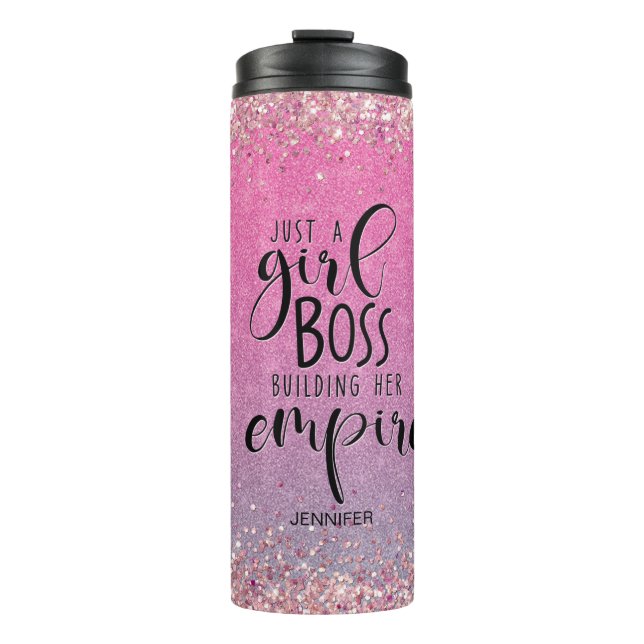 Rosa Glitzer Girl Boss Name Gebäude Imperium Thermosbecher (Vorderseite)