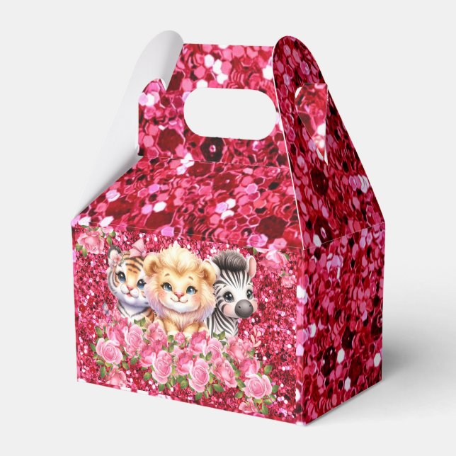 Rosa Glitzer GIrl's Baby Shower Wild Animals Geschenkschachtel (Vorderseite)