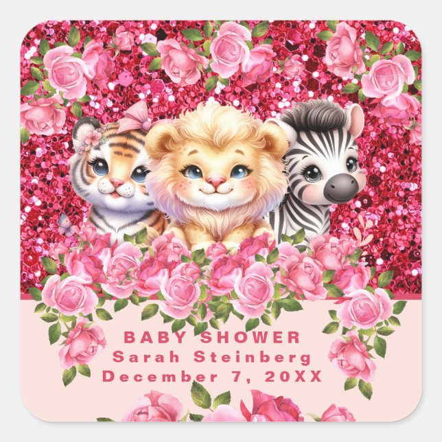 Rosa Glitzer GIrl's Baby Shower Wild Animals Quadratischer Aufkleber (Vorderseite)
