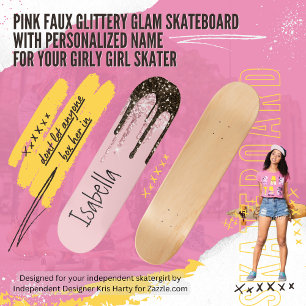 Rosa Glitzer Girly Sparky Personalisierter Name Skateboard