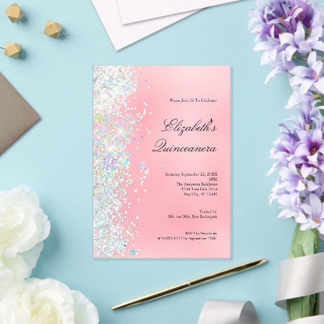 Rosa Glitzer Glam Bling Quinceanera Acryleinladungen (In Situ (Hochzeit))
