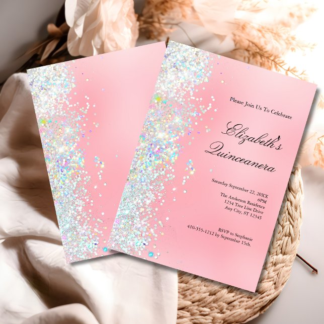 Rosa Glitzer Glam Bling Quinceanera Einladung (Blush pink white glitter Glam Bling Modern Trendy Quinceanera 15th birthday invitation)
