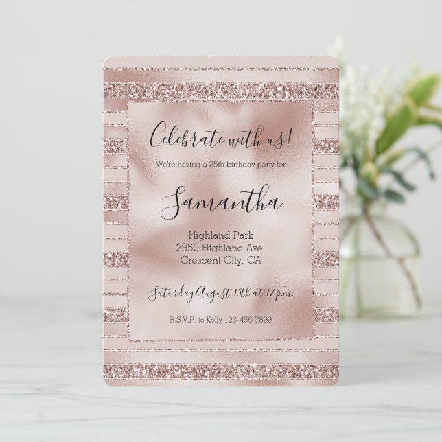 Rosa Glitzer Glam Streifen Einladung (Stehend Vorderseite)