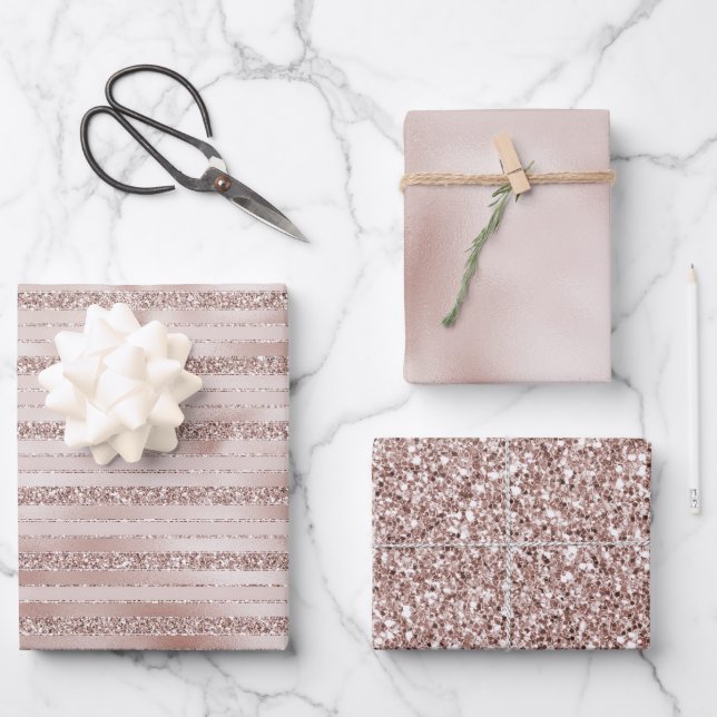 Rosa Glitzer Glam Streifen Geschenkpapier Set (Vorderseite)