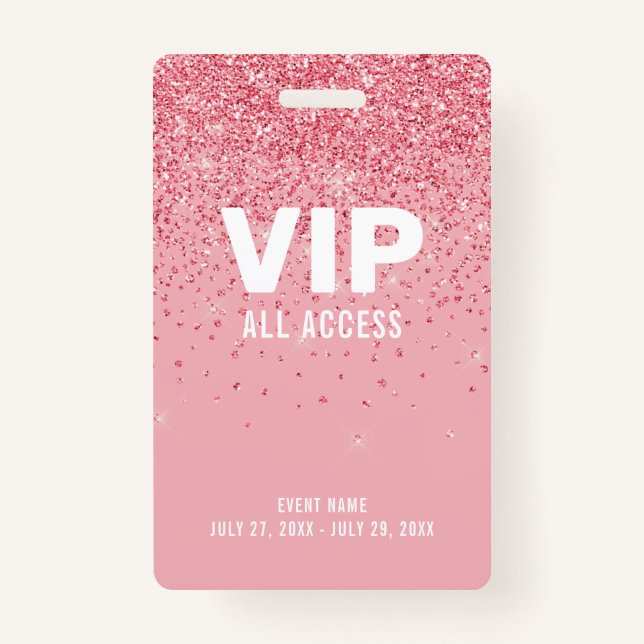 Rosa Glitzer Glam VIP All Access Pass Event ID Ausweis (Vorderseite)