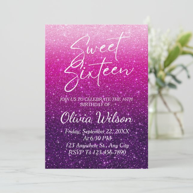 Rosa Glitzer Glitzern Ombre Sweet 16 Einladung (Stehend Vorderseite)