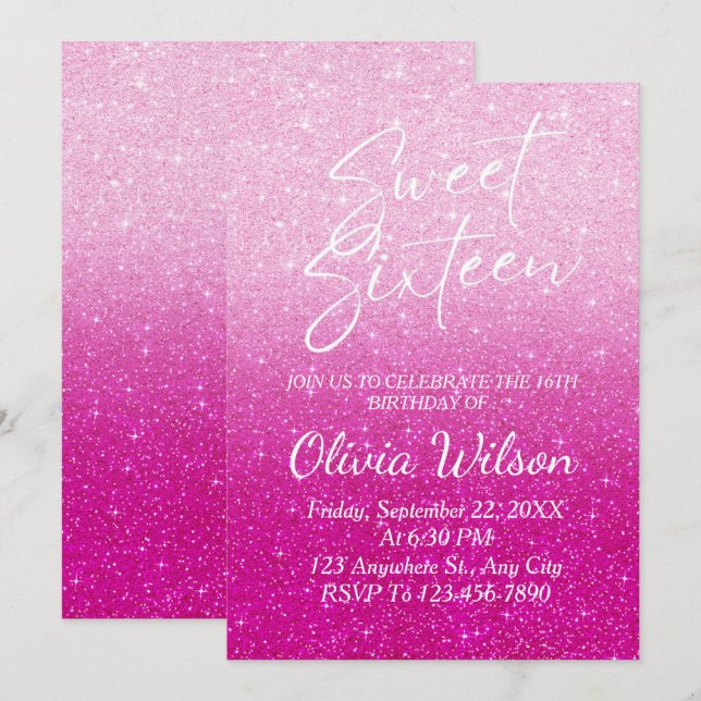 Rosa Glitzer Glitzern Ombre Sweet 16 Einladung (Vorne/Hinten)
