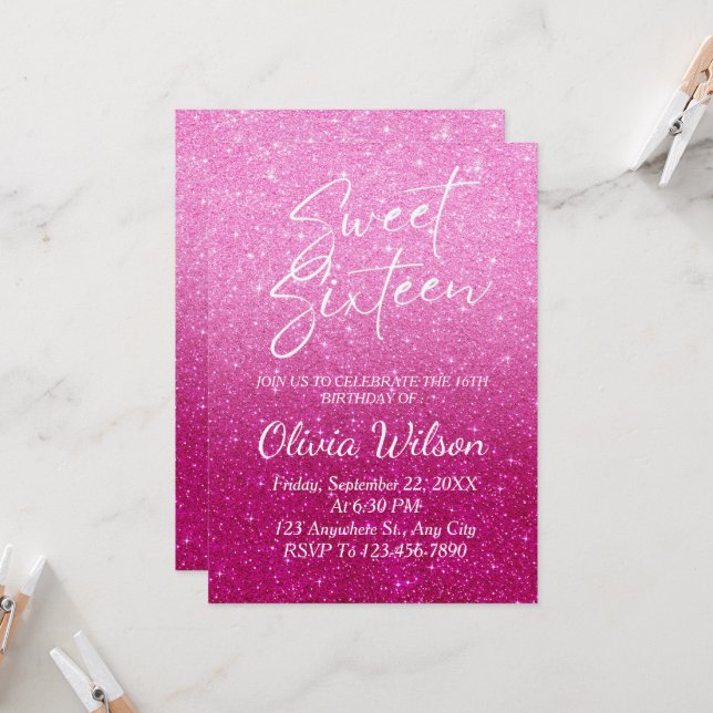 Rosa Glitzer Glitzern Ombre Sweet 16 Einladung (Vorderseite/Rückseite Beispiel)