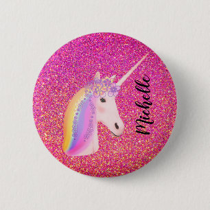 Rosa Glitzer Glitzern Unicorn Girl's Personalisier Button