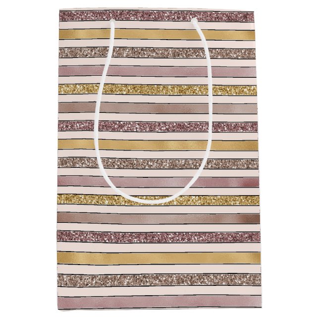 Rosa Glitzer Glitzy Stripes Mittlere Geschenktüte (Vorderseite)