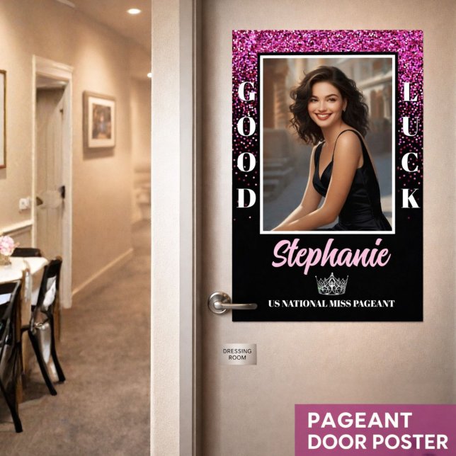 Rosa Glitzer-Glück-Türplakat für Schönheitswettbew Poster (Custom pageant send-off door poster for contestants, titleholders, pageant moms, and supporters)
