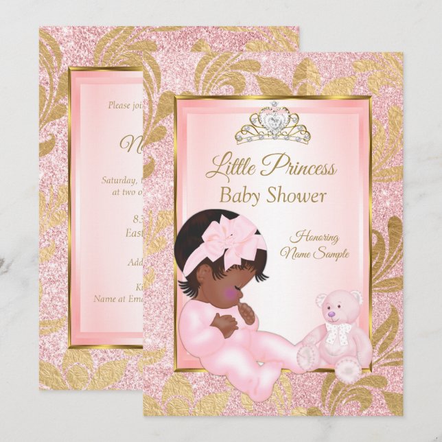 Rosa Glitzer Gold Baby Duschbär ethnisch Einladung (Vorne/Hinten)