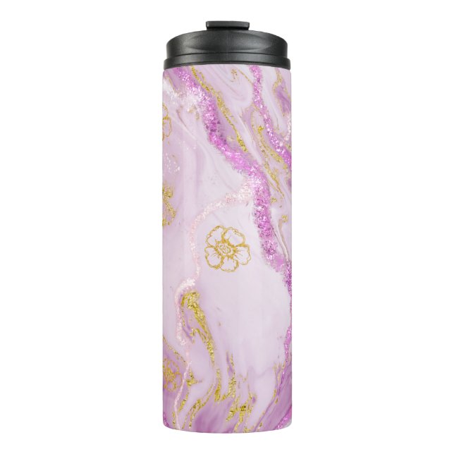 *~* Rosa Glitzer Gold Venen Marmortherme Tumbler Thermosbecher (Vorderseite)