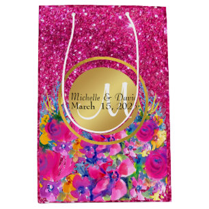 Rosa Glitzer Golden Metal Rahmen Mit Monogramm Mittlere Geschenktüte