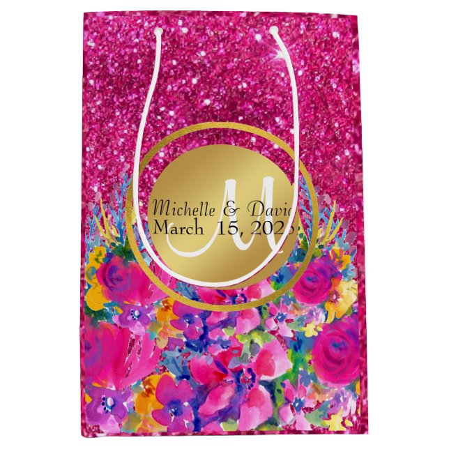 Rosa Glitzer Golden Metal Rahmen Mit Monogramm Mittlere Geschenktüte (Vorderseite)