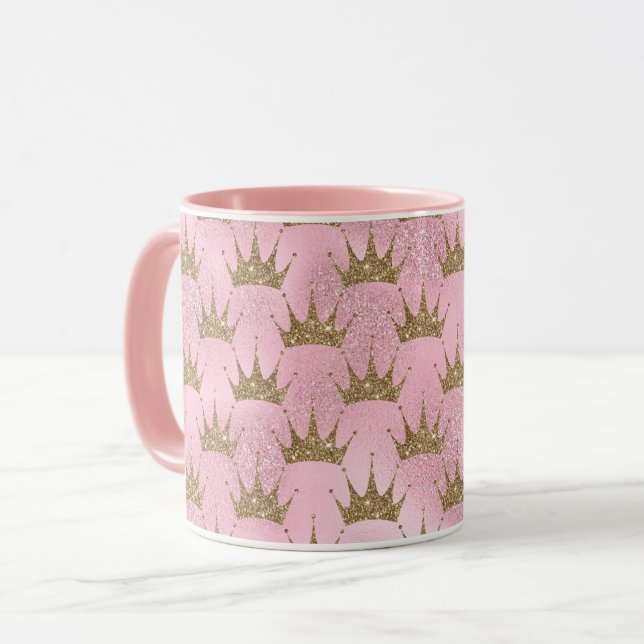 Rosa Glitzer Goldene Krone Tasse (Vorderseite Links)