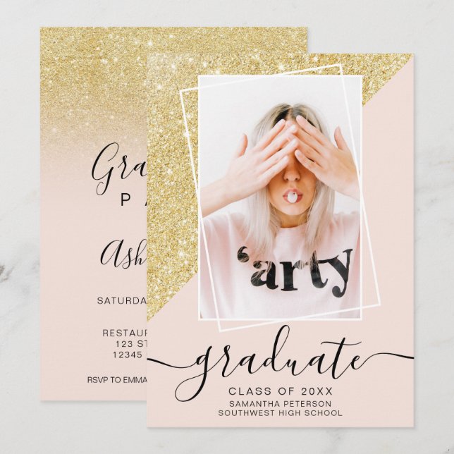 Rosa-Glitzer-Graduate-Foto-Abschluss Einladung (Vorne/Hinten)