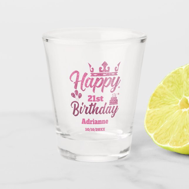 Rosa Glitzer "Happy Birthday" Shootglas Schnapsglas (Vorderseite)