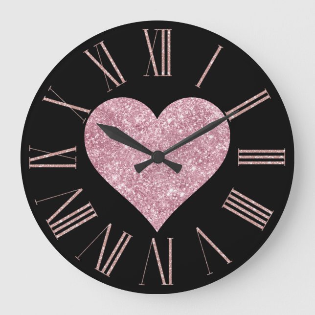 Rosa Glitzer Herz auf schwarz Große Wanduhr (Vorderseite)