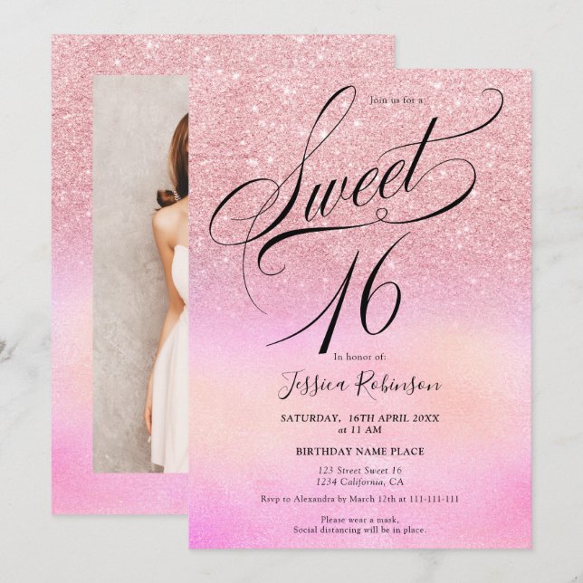 Rosa Glitzer holografische Drehbuchschick Sweet 16 Einladung (Vorne/Hinten)