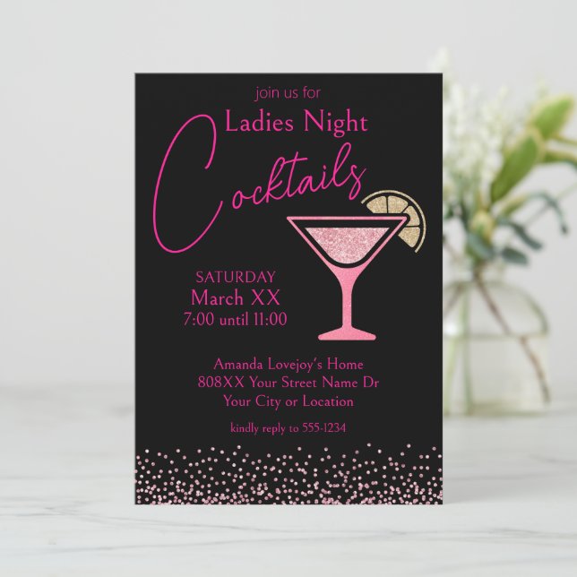 Rosa Glitzer im Black Ladys Night Cocktail Party Einladung (Stehend Vorderseite)
