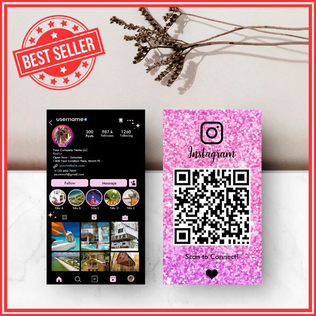 Rosa Glitzer Instagram LUXURY QR Code Visitenkarte (Von Creator hochgeladen)