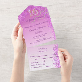 Rosa Glitzer Kalligraphie Nummer Süß 16 All In One Einladung