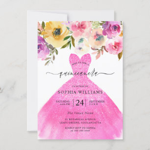 Rosa Glitzer Kleid Farbige Blume Quinceanera Einladung