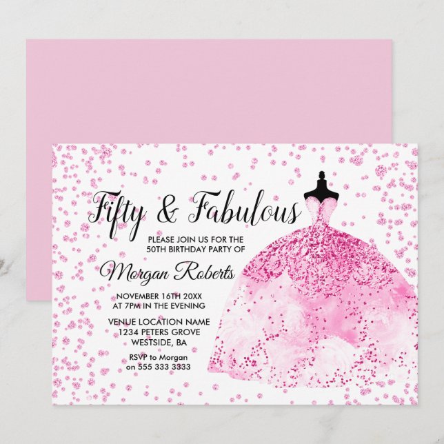 Rosa Glitzer Kleid Fifty & Fabulous 50. Geburtstag Einladung (Vorne/Hinten)