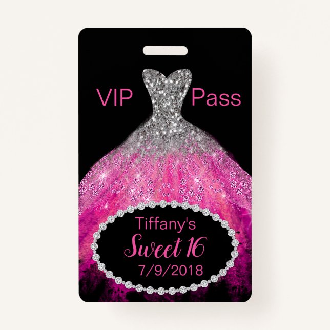 Rosa Glitzer-Kleiderbonbon 16 VIP-Party-Abzeichen Ausweis (Vorderseite)