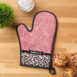Rosa Glitzer Leopard Druckschimmer Personalisiert Ofenhandschuh