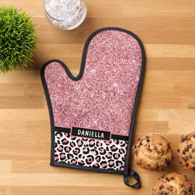 Rosa Glitzer Leopard Druckschimmer Personalisiert Ofenhandschuh (Oben unten)