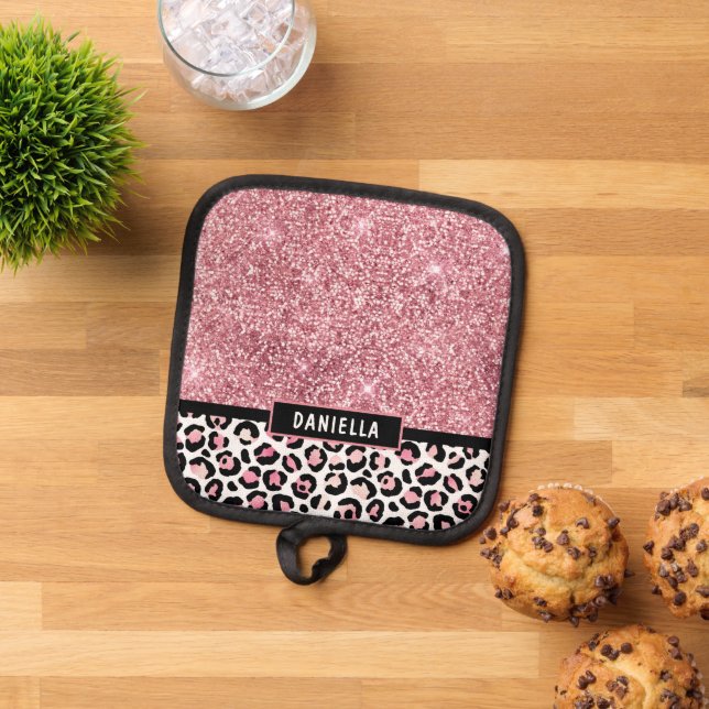 Rosa Glitzer Leopard Druckschimmer Personalisiert Topflappen (Oben Unten)