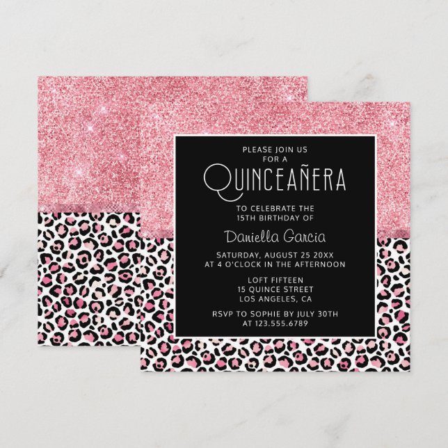 Rosa Glitzer Leopard Druckschimmer Quinceañera Einladung (Vorne/Hinten)