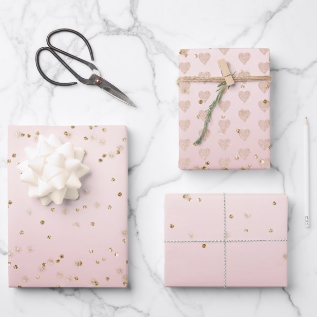 Rosa Glitzer Liebe Gold Confetti Herz Geschenkpapier Set (Vorderseite)
