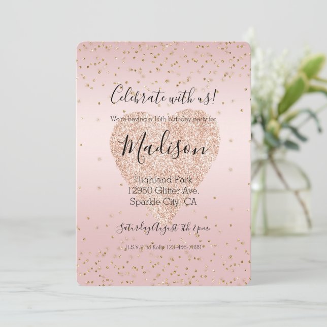 Rosa Glitzer Liebe Gold Confetti Herzstück Einladung (Stehend Vorderseite)