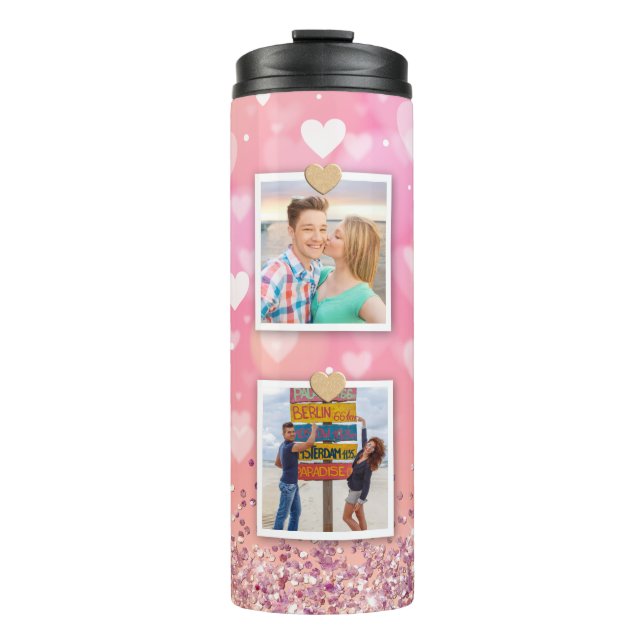 Rosa Glitzer Liebe Herz 6 Foto Moderne Thermosbecher (Vorderseite)