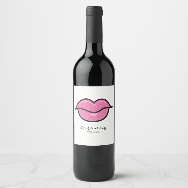 Rosa Glitzer Lipno Kiss Makeup Beauty Party Weinetikett (Vorderseite)
