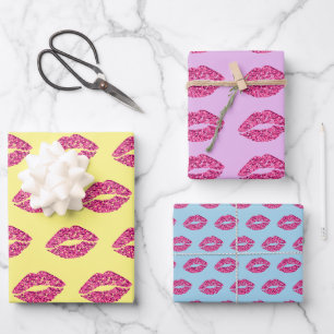 Rosa Glitzer Lippen Geschenkpapier Set
