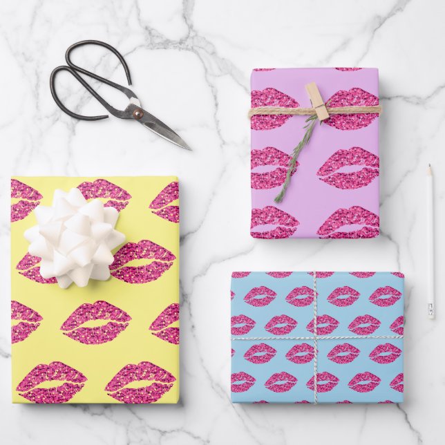 Rosa Glitzer Lippen Geschenkpapier Set (Vorderseite)