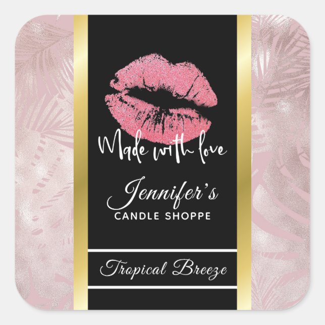 Rosa Glitzer Lips & Rose Gold Blätter Candle Quadratischer Aufkleber (Vorderseite)